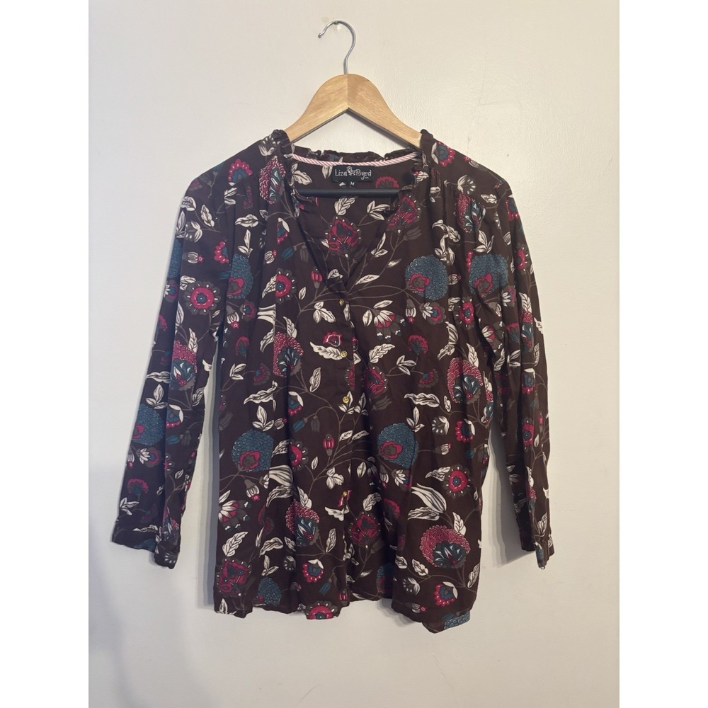 Liza Byrd Women's Brown Floral Serena Block Print Shirt Cotton Size Medium $98‎